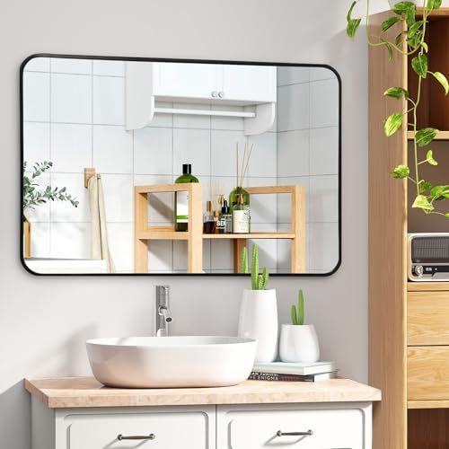 CROWNSHOP 75 X 50cm Bathroom Mirror with Black Aluminum Frame, HD Glass Wall-Mounted Rectangle Mirror with Curved Corners for Bathroom, Living Room Vertical or Horizontal Hanging Wall Decor - Cosy Home Interiors CROWNSHOP 75 X 50cm Bathroom Mirror with Black Aluminum Frame, HD Glass Wall-Mounted Rectangle Mirror with Curved Corners for Bathroom, Living Room Vertical or Horizontal Hanging Wall Decor - Image 3