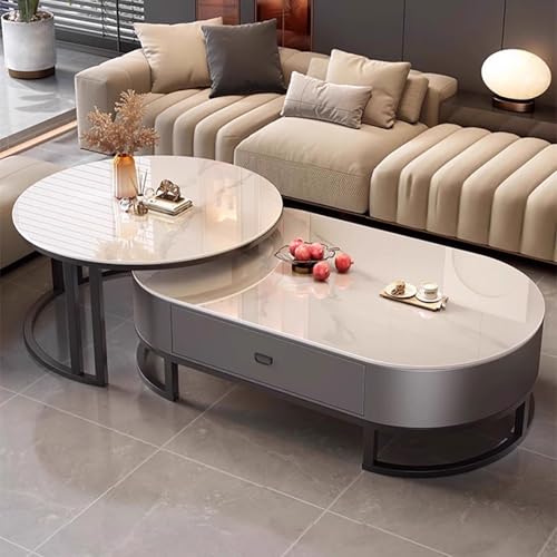 Modernes Couchtisch-Set mit Stahlrahmen, oval, Stein-Design, für Wohnzimmer, 2 Stück, verschachtelte, runde Couchtische mit modernem Design, ideal für Wohnzimmer, Schlafzimmer oder Garten, Größen: 80