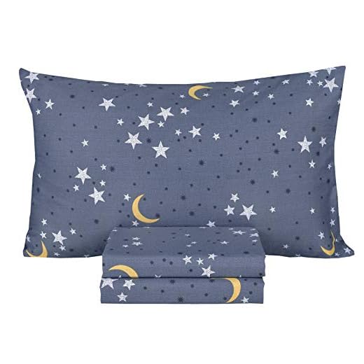 Scientific Sleep Moon & Stars Boys Girls 100% Cotton 3 Pcs Twin Bed Sheet Set Kids Toddler Teen, Flat Sheet & Fitted Sheet & Pillowcase Kids Bedding Set (Stars, Twin)