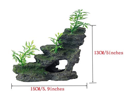 FEDOUR Aquarium Small Mountain View Stone Ornament, Moss Tree Rock Cave Landscape Artificial Fish Tank Decoration, with 6pcs Plants (Olive-Black) - Thumbnail 4