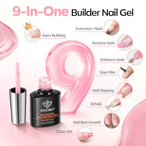 Image of modelones Builder Nail Gel, Sheer Pink Builder for Nails No Top Coat Needed, Glossy Jelly Finish Light Pink, C-Curve Sculpting, No-Wipe, 9-in-One LED Lamp Cured Color Rubber Base Gel Polish