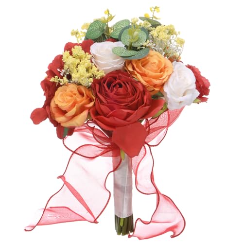 M METERXITY Brautsträuße für die Braut, künstlicher Blumenstrauß für Hochzeit Brautsträuße für Braut/Brautjungfer, Mehrfarbige Sträuße mit Seidenband [Rot]