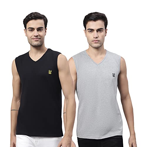 Image of Mack Jonney Regular Fit Cotton Solid Gym Vest for Men (Pack of 2)-V SL BLK L.GRY 02-P