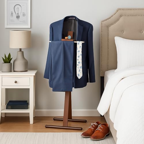Proman Products Josh Freestanding Wooden Valet Stand Organizer with Tray, Hanger, Trouser Bar, Walnut - Thumbnail 6