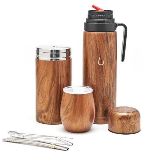 balibetov Kit de Mate Argentino - Calabaza Mate Moderna, Termo Mate, Contenedor para Yerba Mate (Yerbero), Bombilla (Sorbete) y Cepillo de limpieza - Acero inoxidable 304 18/8 (Madera)