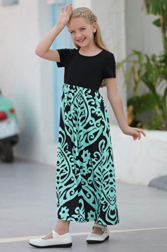 Gorlya Girl's Short Sleeve Patchwork Floral Print Loose Casual Long Maxi Dress With Pockets For 4-12 Years Kids (Gor1012, 13-14Y, Blue Print) #TOP2