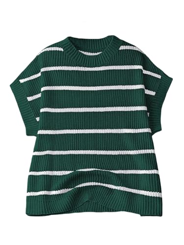 Verdusa Women's Plus Size Striped Oversized Sweater Vest Fall Fashion Short Sleeve Sweater Vests Top Dark Green 3X-Large Plus