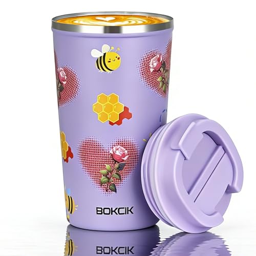 BOKCIK 510ml Reisebecher mit Blumen-Herz-Aufdruck, Doppelwandiger Isolierbecher mit Auslaufsicherem Deckel 18oz Thermobecher Geschenk für Jungen Mädchen Frauen Männer Paare