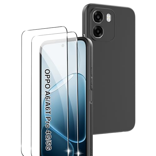Rojeuinn Cover per OPPO A6/A6T Pro 4G/5G + 2 Pezzi Vetro Temperato, Custodia Protettiva Morbida in Silicone TPU Anticaduta e Antipolvere con Proteggi Schermo Ultra Trasparente Durezza 9H - Nero