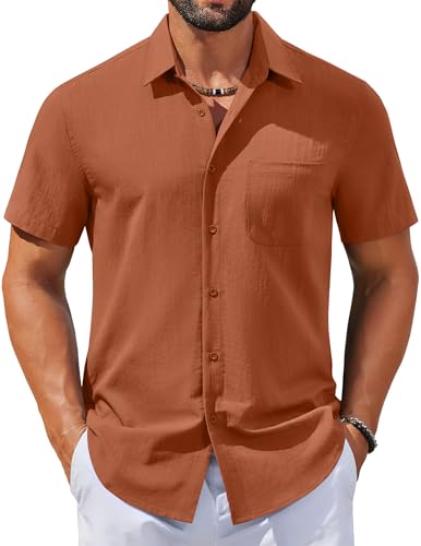 COOFANDY Mens Button Down Shirts Short Sleeve Dress Shirt Lightweight Casual Summer Beach Top (Caramel, Large)