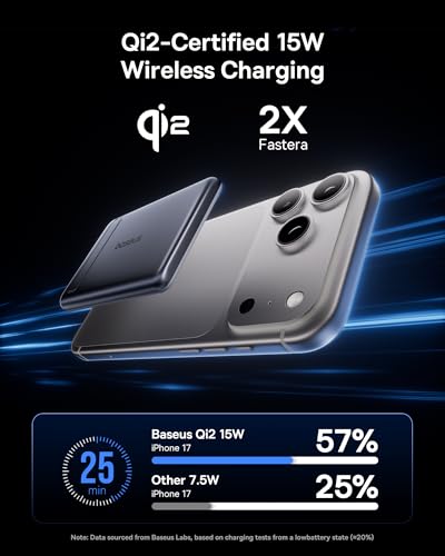 Image of Baseus Picogo Power Bank, Smallest Qi2 Certified 15W MagSafe Portable Charger, 0.5 inch Ultra Slim 5000mAh Magnetic Battery Pack with Stand, Alloy Wireless Charger for iPhone 17 Pro Max /17 Air /17e Series