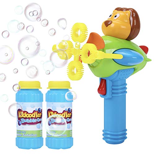 Bubble Gun Blower for Kids - Non-Toxic Bubble Blower with 2 Bubble Solutions - Mini Hand-Held Machine with 4 Wands for Blowing Bubbles - Bubble Toys for Parties, Camping, Outdoor Activities