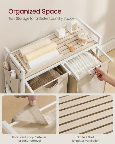Image of VASAGLE Laundry Hamper, Laundry Basket Sorter with 2 Pull-Out and Removable Bags, Shelf, Metal Frame, 2 x 12.1 Gallons (46 L), 28.8 x 13 x 28.4 Inches, Cappuccino Beige and Natural Beige UBLH201LH01