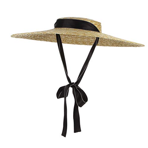 Jelord Women Vintage Boater Straw Hat Wide Brim Flat Top Floppy Derby Straw Hat Beach Sun Hats with Chin Strap Brim:18cm Black