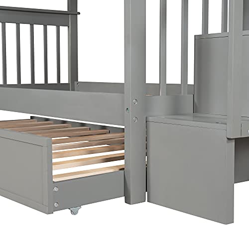 Biadnbz Stairway Twin Over Twin Bunk Bed With Trundle And Storage Stairs, Solid Wood Bunkbeds Frame W/Safety Guardrails, Bedroom Furniture For Kids Teens Adults, Gray #TOP4