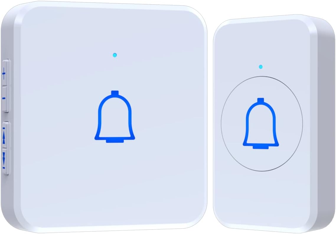Mini Wireless Doorbell Waterproof Long Range 1000ft with 56 Chimes 7 Volume Levels Easy Install LED Flashing Battery Operated Door Bell Chimes Kit for Home Office White - - 