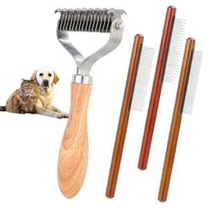Pet Dematting Comb for Dogs,Cats.Pet Undercoat Rake with Stainless Steel Blades for Knot Removal and Shedding Control.Cat Brush for Shedding Dematting with Wood Handle. Pet Dematting Comb for DogsCatsPet Undercoat Rake with Stainless Steel Blades for Knot Removal and Shedding ControlCat Brush for Shedding Dematting with Wood Handle