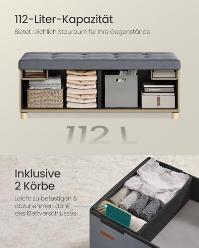 SONGMICS Sitzbank mit Stauraum, Hocker faltbar, 38 x 110 x 40 cm, Aufbewahrungsbox mit Deckel, Fußhocker 112 L, Samt, bis 300 kg belastbar, Flur Wohnzimmer Schlafzimmer, schiefergrau LSF0518G02