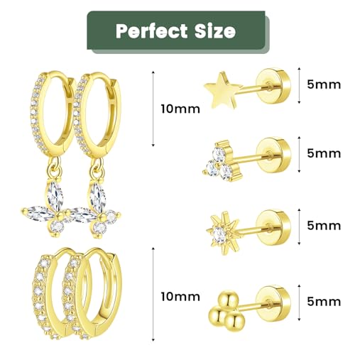 6 & 8 Pairs Stainless Steel Earrings 14K Gold Plated Flat Back Stud Earrings for Women Men Multiple Style Lightweight Dainty Trendy Jewelry Star Triangle Sun Dangle Huggie Hoop Earring Stacks4