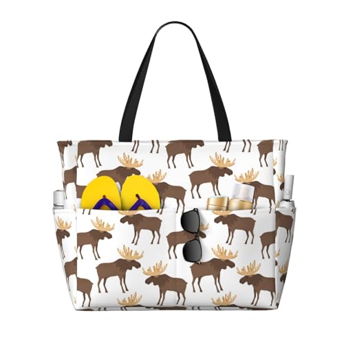 Large Beach Bags Water-resistant Sandproof - cute moose horns elk cartoon Cute Beach Tote Bags for Women with Zipper