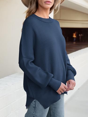 Image of ANRABESS Women Oversized Sweaters Batwing Long Sleeve 2026 Fall Outfits Crewneck Casual Knit Side Slit Fashion Pullover Top