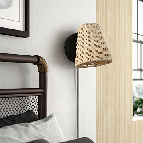 Image of Boho Plug in Wall Sconces with On /Off Switch Cord for Bedroom, Black Rattan Wicker Wall Lamp with Plug in Cord Rotatable Japanese Waven Reading Light Wall Mounted Fixtures for Loft, Living Room