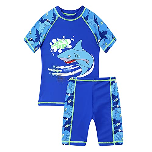 iiniim Niño Traje de Baño de Dos Pieza Camiseta Manga Corta + Pantalón Corto ara Playa Piscina Niños Ropa de Natación Bañadores para Niño con Sombrero Protección Solar UV A Azul B 7-8 años