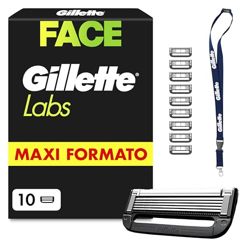 Gillette Labs Lamette, 10 Cartucce per Rasoio Barba Uomo, Multicolore | 10 Lamette di Ricambio per Rasoio Barba Manuale, a 5 Lame, con Barra Esfoliante, Rasatura Profonda e Duratura
