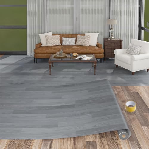 Freshtour Vinyl Flooring Roll, Versatile Removable PET Leather-Like Floor Covering, Waterproof & Durable, Easy Tape Installation, Cost-Effective for Any Room, Grey Oak/ 53.82 Sq.ft (39.3" x 197")
