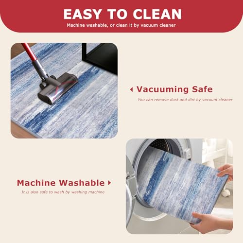 KOZYFLY Modern Abstract Hallway Runner Rug, 2x8 Washable Rug Runner Non-Slip Soft Striped Kitchen Runner Rugs, Print Distressed Blue/Grey/Beige Carpet Runner for Entryway Bathroom Laundry Room Foyer