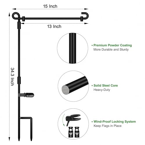 Image of HOOSUN Garden Flag Stand, Premium Garden Flag Pole Holder Metal Powder-Coated Weather-Proof Paint with one Tiger Clip and Two Spring Stoppers Without Flag 3 Pack