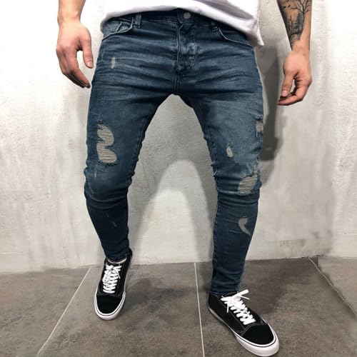 Jeans Pants Trouser Denim Ripped Hole Street Trendy Elastic Tight Washed Blue Pencil for Men3