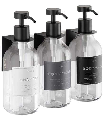 Shower Shampoo Dispenser Wall Mounted – 3 Refillable 16.9 oz Clear Bottles with Stainless Steel Pumps & No-Drill Adhesive Holders – Soap Dispenser Set for Bathroom (3 X Clear/Black) - image 1