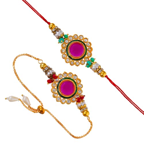 Image of Bhai Bhabhi Rakhi Set - Peacock Designer Rakhi with Stone & Pearl Work Lumba with Tassel for Bhabhi | Raksha Bandhan Gift