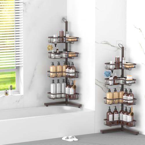 Image of KEGII Floor Corner Shower Caddy Standing, Rustproof 4-Tier Shower Shelf Organizer with Hooks & Soap Holder, Free-Standing Bathroom Storage Rack for Shampoo & Toiletries, Bronze