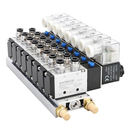Baomain 8 Station Solenoid Valve Manifold, 24V DC 5 Way 2 Position Pneumatic Air Valve, Eight Solenoid, 1/4