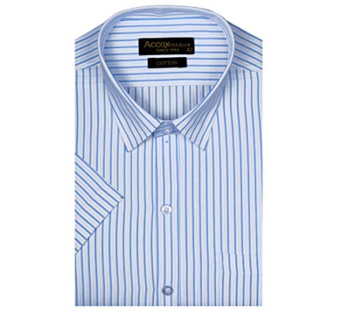 Image of ACCOX Premium Breathable Cotton Half Sleeves Striped Checkered Blue Formal Regular Fit Shirt for Men (S GCR06)