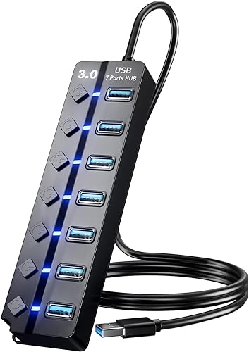 Image of BERLAT USB 3.0 Hub 7-Port Data Hub Splitter with 4ft Long Cable, Individual LED On /Off Switches, Compatible with Laptop, PC, Surface Pro, PS4, PS5, Flash Drive, Mobile HDD