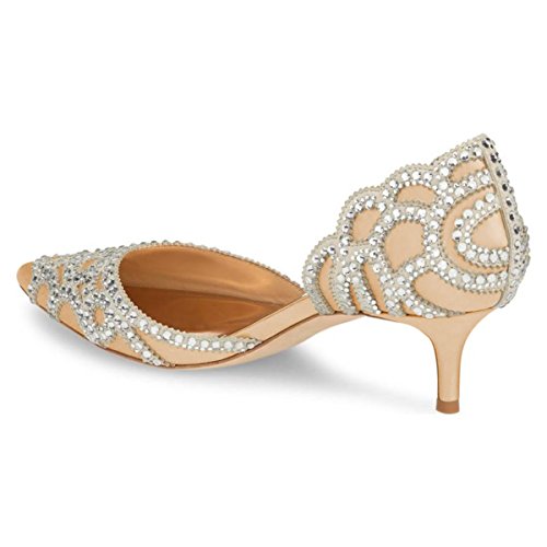 Image of XYD Women's Pumps, Elegant Pointed Toe, D'Orsay Kitten Low Heels, Rhinestone Studs, Slip-On Satin Shoes for Wedding