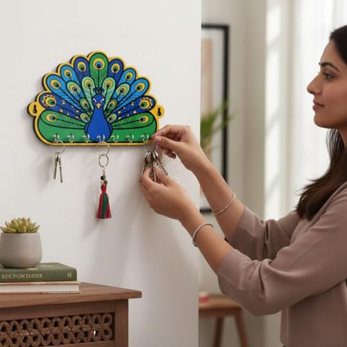 Image of Holder for Home Decor Stylish | Key Hangers for Wall | Wooden Key Stand for Wall (7 Hooks, Peacock)