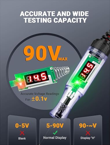 Heavy Duty Automotive Circuit Tester 5-90V Test Light, Digital LED Voltage Tester with Voltmeter, Dual Polarity Indicator & Stainless Probe for Car, Truck, RV, Boat Electrical Fuse Testing