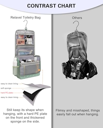 Relavel Toiletry Bag for Men, Hanging Travel Makeup Bag for Women, Waterproof Large Cosmetic Organizer Multiple Compartments for Accessories, Full Sized Toiletries Dopp Kit Shaving Bag (Green, Medium)2