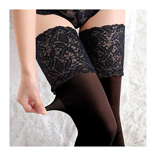 Widen Lace Nylon Stockings for Women Back Heel Hold Up Silicone Thigh High Stockings Sexy Lingerie Stockings (Color : Black)4