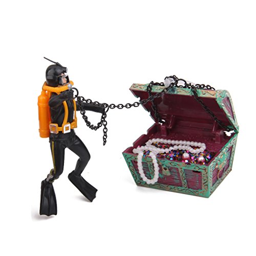 アクアリウム 水槽用 オーナメント 飾り 宝箱&ダイバー 黒イエロー