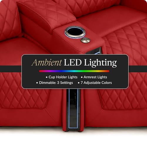 Image of Seatcraft Apex Red Italian Leather Home Theater Seating, Zero Gravity Power Recliner Chair, Powered Headrest and Lumbar Gaming and Lounge Sofa Furniture for Cinema Room, Row of 3 Right Loveseats