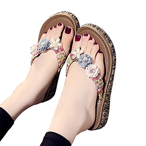 MYBOON Chaussures Faites à la Main Fleurs Tongs Pantoufles décontractées à Semelles épaisses pour Femmes Chaussures de Plage pour Femmes Tongs antidérapantes Sandales Sandales tissées Rose Cover