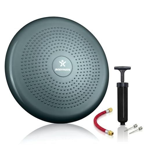 BODYMATE Ballsitzkissen inkl. Pumpe GRAU-BLAU 34cm Durchmesser - Balance-Kissen, Luftkissen, Balance Pad, Noppenkissen - Core-, Fitness-, Reha-, Koordinations- und Rückentraining