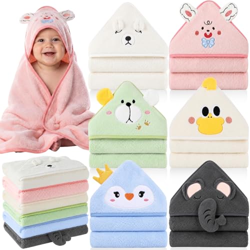 Image of SmoothNovelty 6 Pack Baby Hooded Towels Infants and Toddlers Coral Fleece Baby Bath Towels 31.5 x 31.5 Inch Absorbent Cute Soft Newborn Bath Essentials Gifts for Boys & Girls(Multicolor,Chic)