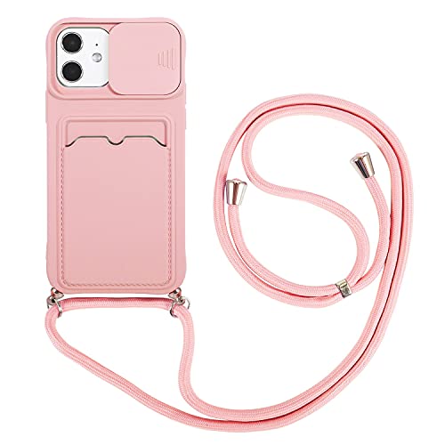 youmehe Funda con Cuerda para iPhone 11+2 Pack Protector Pantalla,Cubierta de Cámara Deslizante Proteger,TPU Silicona Case con Ranura para Tarjetas,Antigolpes Case(Rosado) Cover