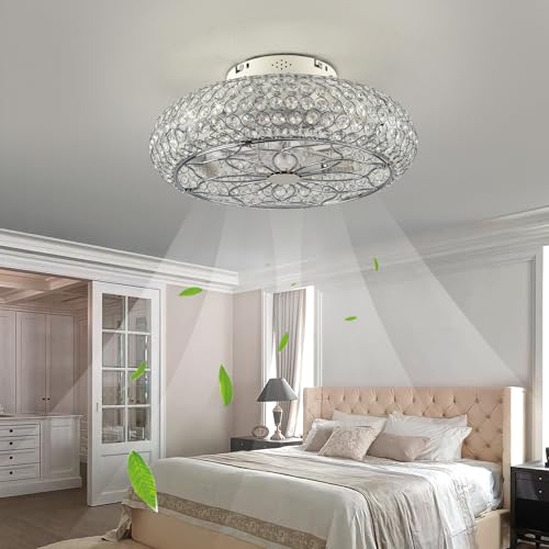 Caged Crystal Ceiling Fans with Lights and Remote,20" Flush Mount Low Profile Ceiling Fan with Light,6 Speed Enclosed Ceiling Fan with Reversible Motor for Bedroom Kitchen Living Room